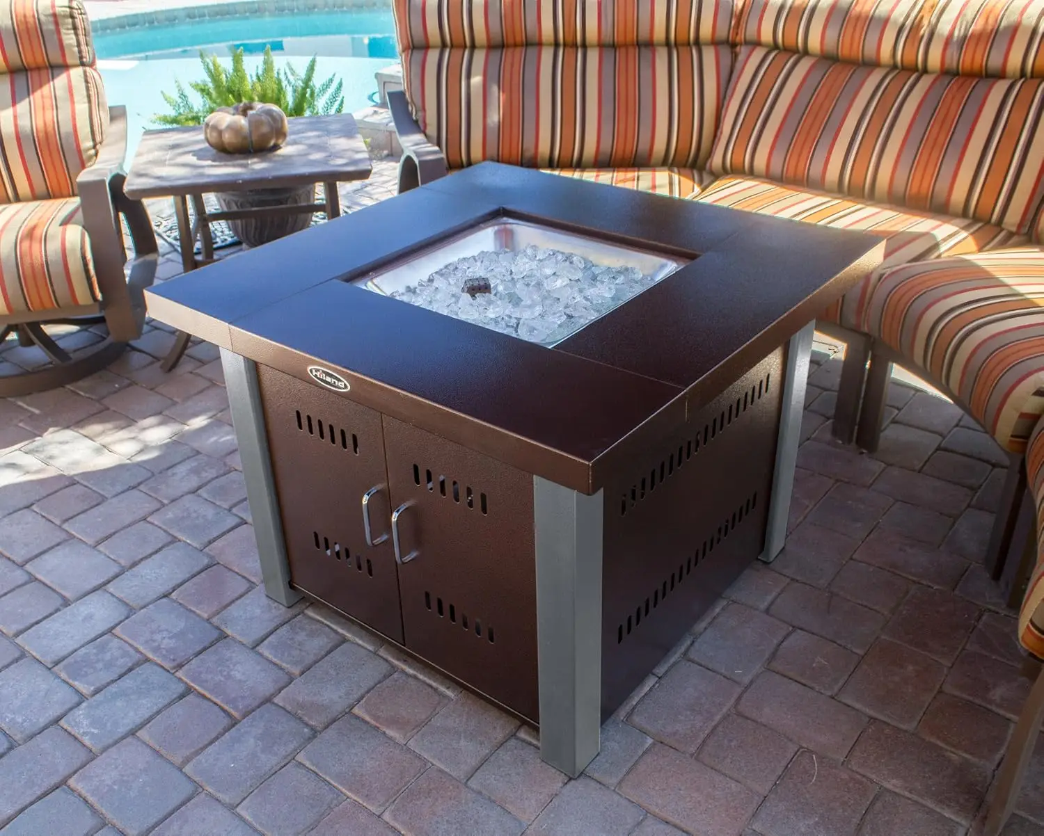 38'' Square Outdoor Propane Gas Fire Pit Table, Clear Glass, Regulator and Hose