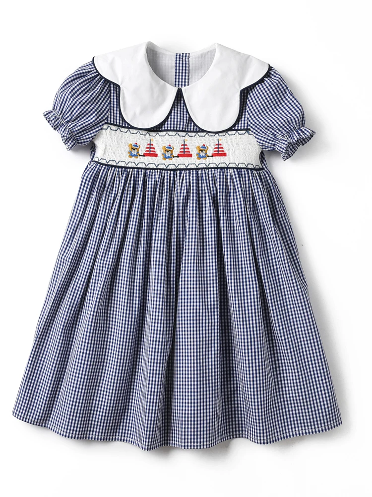 2024 Summer Girls Smocking Plaid Dress Children Boutique Handmade Embroidery Casual Dresses Infants UK Princess Smocked Clothes