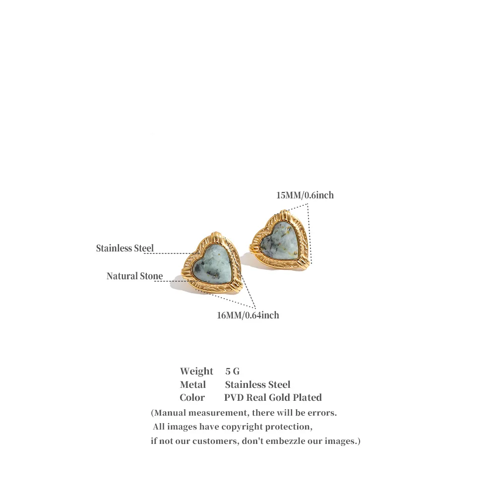 Yhpup Natürliche Türkis-Aventurin-Stein-Herz-Liebes-Ohrstecker Goldfarben Edelstahl-Charm Ästhetischer Schmuck – Detail 1