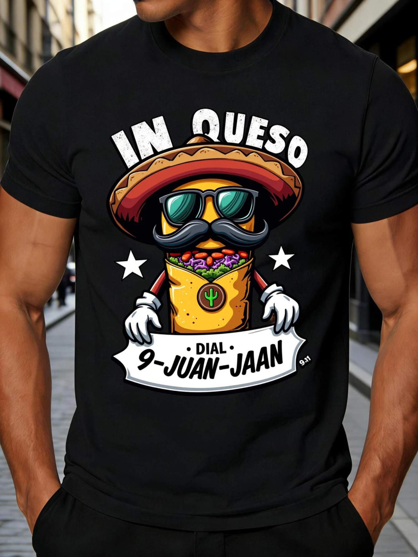 Cartoon Mexican Tacos Character, Men's T-Shirt with Straw Hat and Sunglasses, Queso Dial 9-Juan-Jaan Design, Suitable for Casual Wear, Summer and Festive Occasions, Perfect Gift for Food Lovers and Humor Enthusiasts