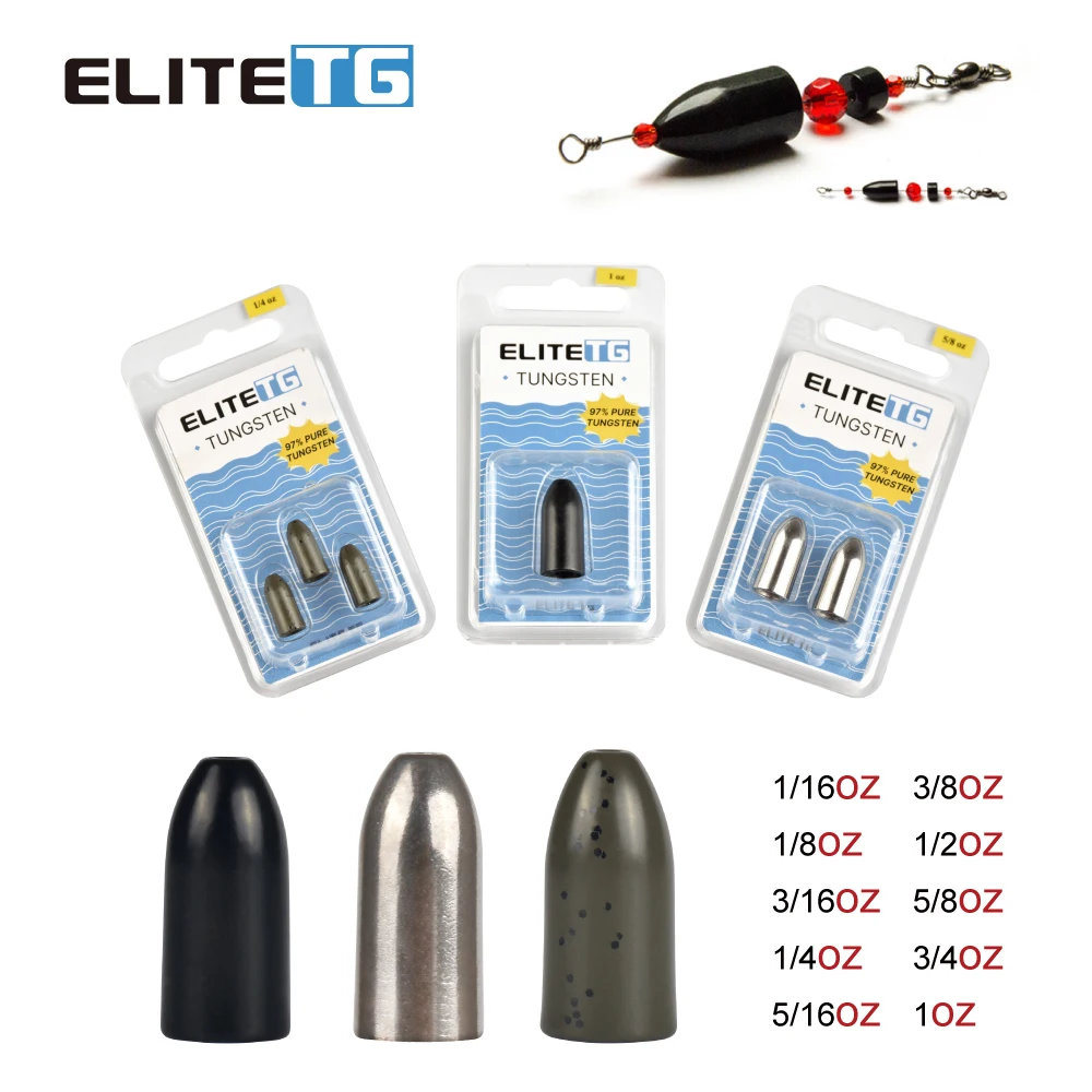 

Elite TG Tungsten Worm Weight Sinker Packaged 1/16-1oz Bullet Bass Texas Rig Fishing Lure Accessories