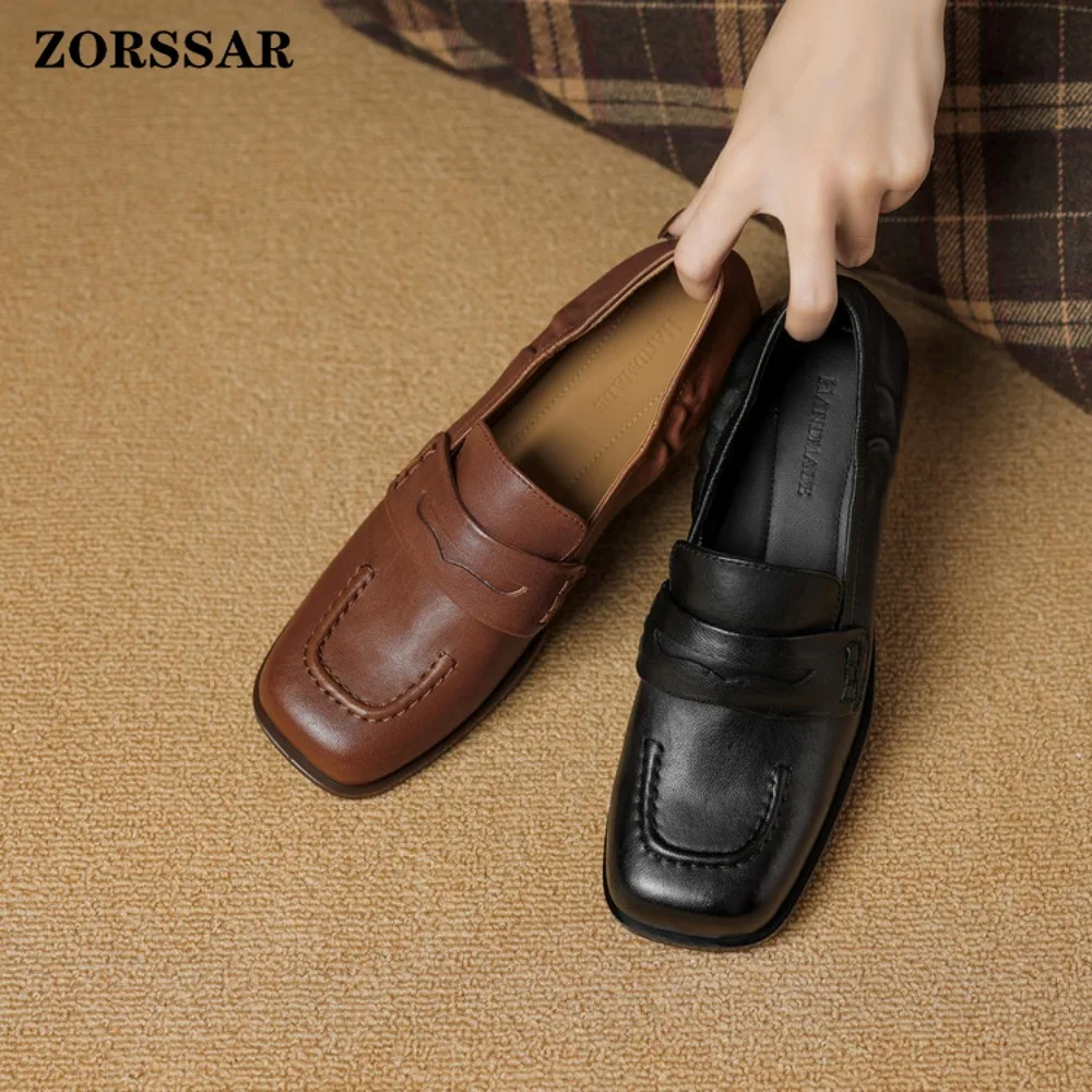 2026 New Spring Autumn Women's Shoes Genuine Leather Square Toe Flat Leather Mid Mouth Casual Loafers Shoe Comfort Soft Fashion