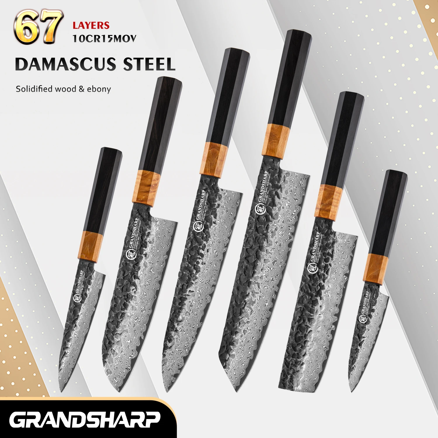 Grandsharp 1-6Pcs Damascus Steel Knife Set With 67 Layers 10Cr15MoV Core Hammered Blade Solidified Wood Ebony Handle Cutlery