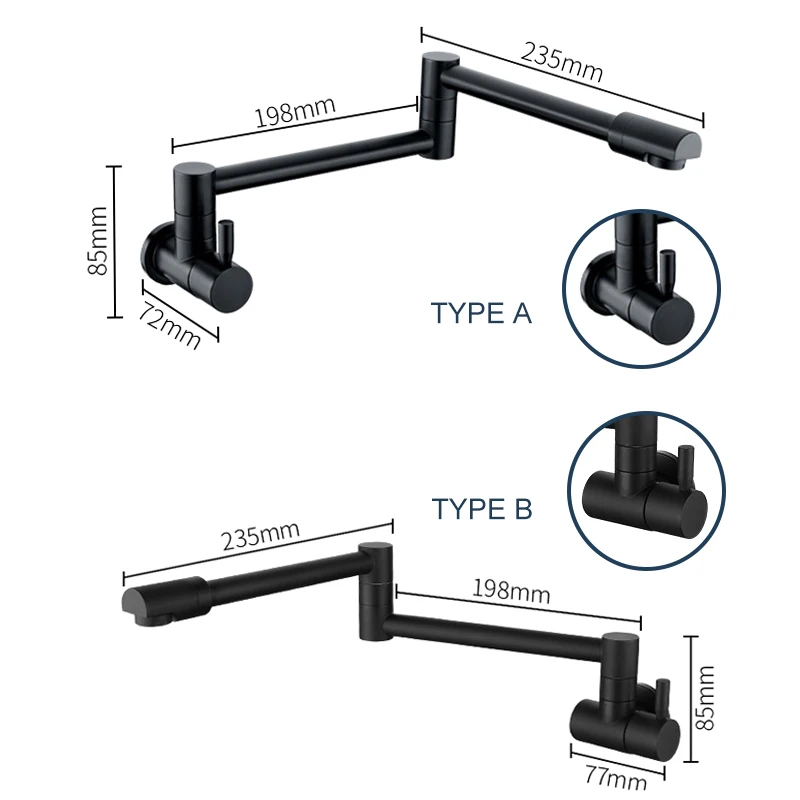 Chrome Brushed Black Pot Filler Tap Wall Mounted Foldable Kitchen Faucet Single Cold Single Hole Sink Tap Rotate Folding Spout