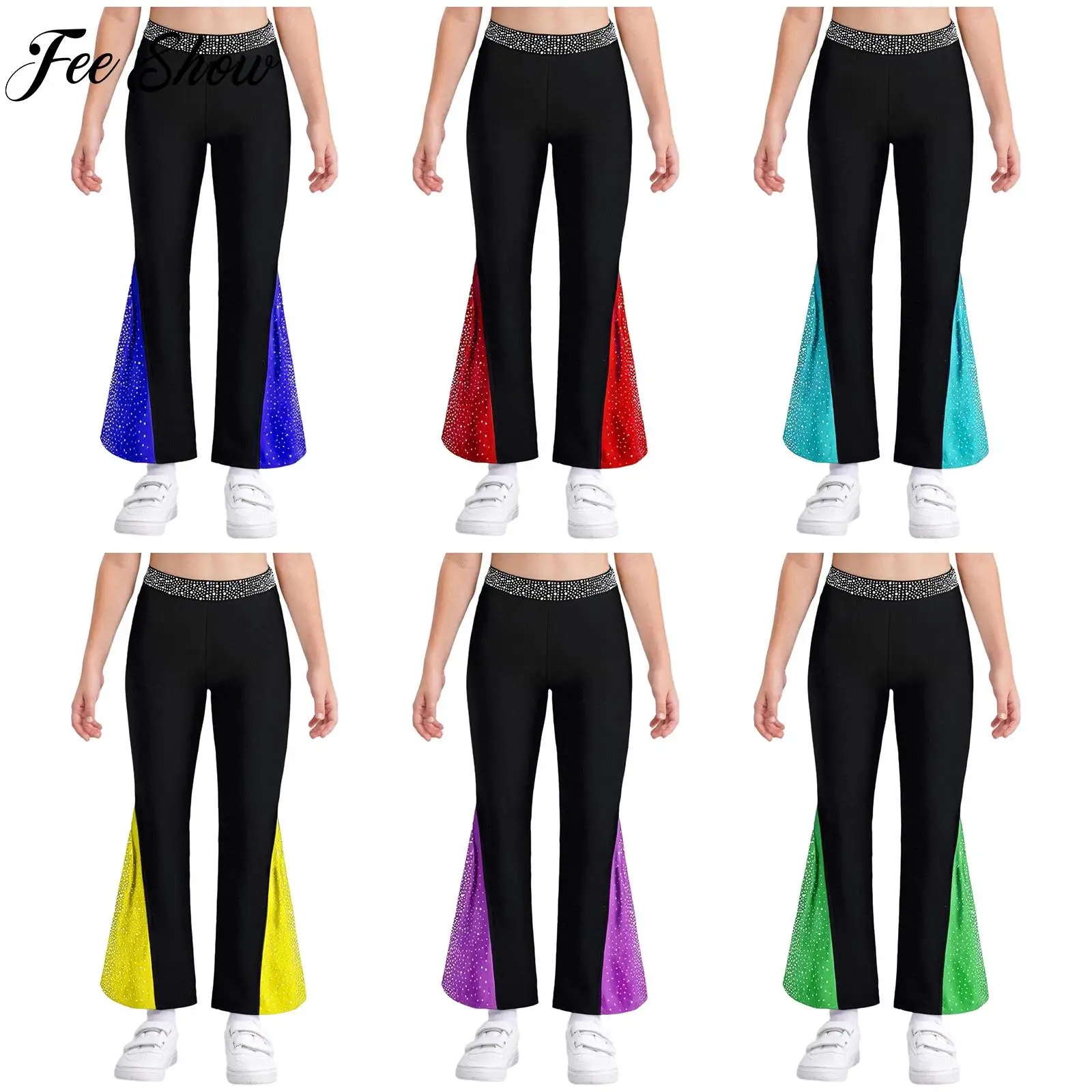 

Stylish Girls Glittery Rhinestones Figure Skating Dance Costume Soft Color Block Bell-Bottomed Pants Stage Performance Dancewear