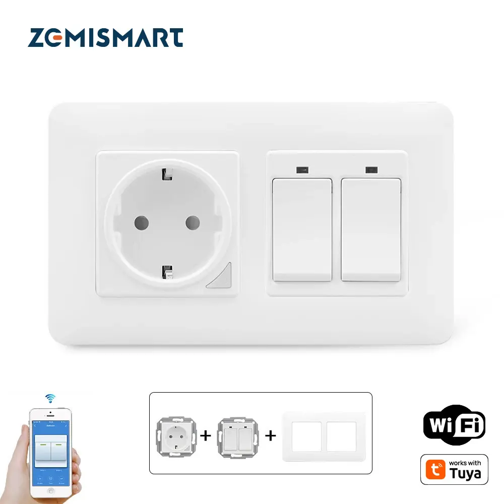 Zemismart Smart EU Socket Wall Light Switch 2 Gang Work with Tuya Smart Life APP Control Voive control by Alexa Google home