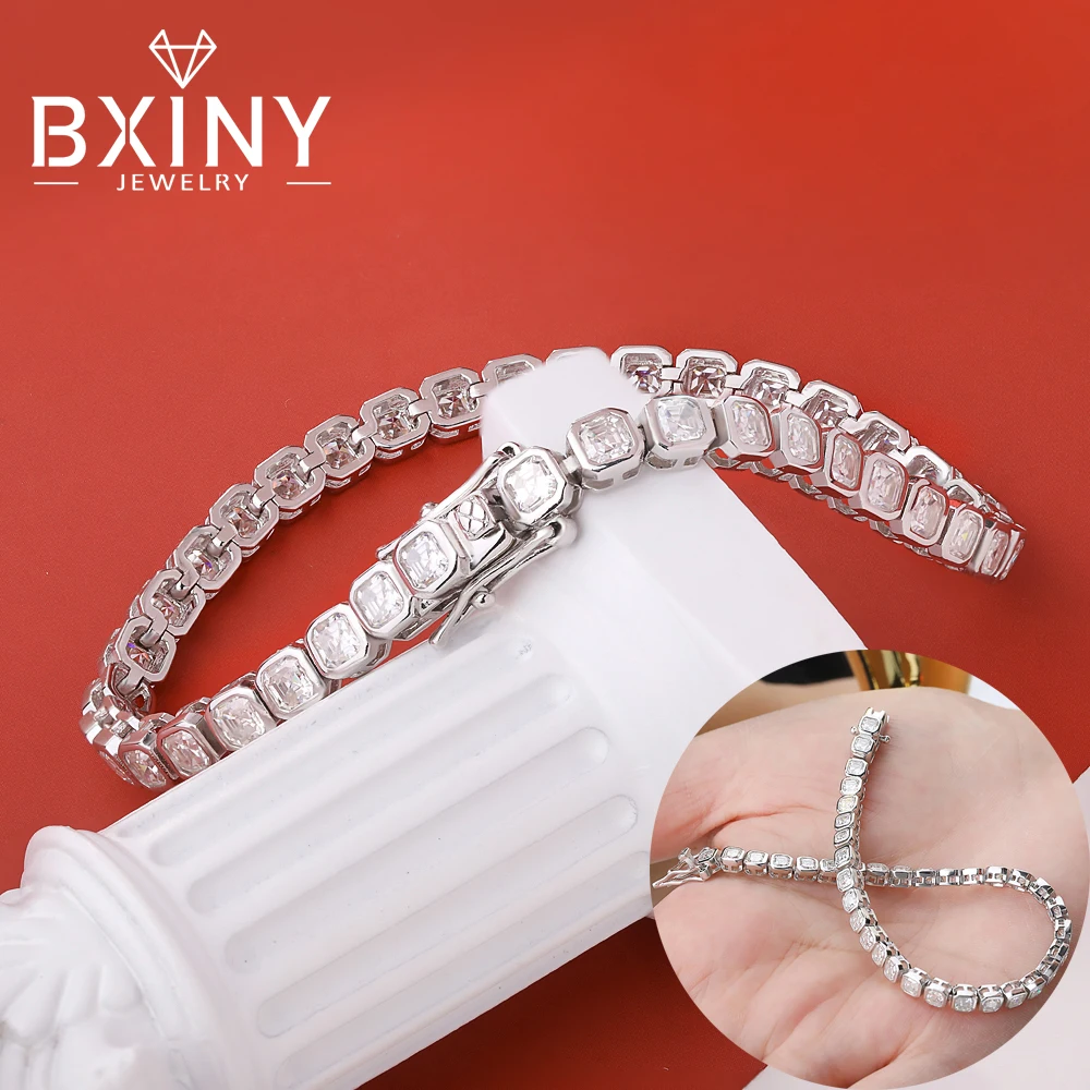 

BXINY Набор безелей Asscher Cut Муассанит Теннисный браслет S925 Серебряная лабораторная цепочка с бриллиантами для рук Женщины Мужчины Хип-хоп Подарочные украшения с GRA