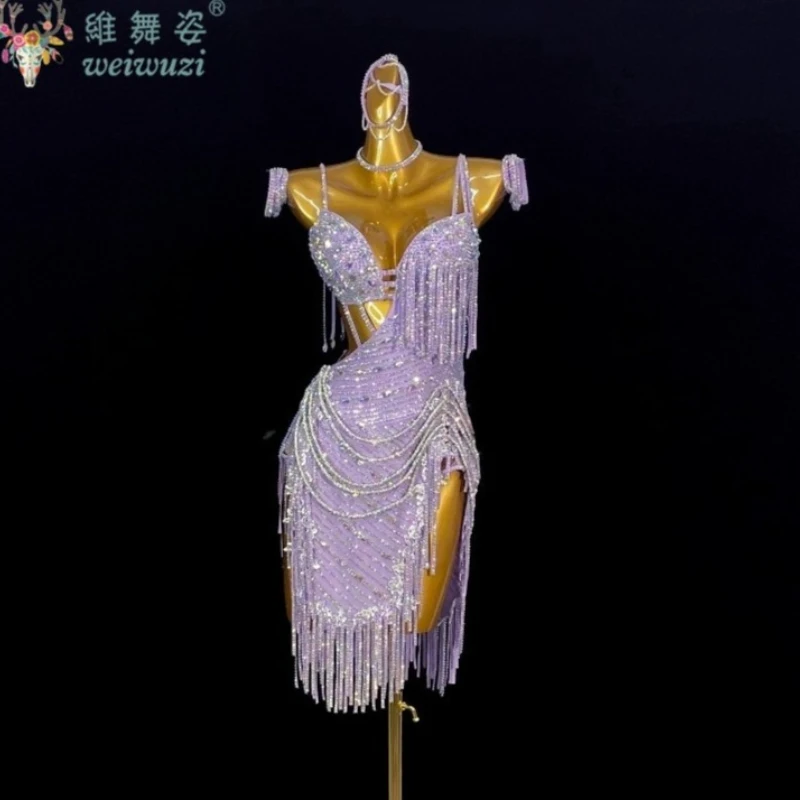 فستان رقص لاتيني للنساء عالي الجودة مقاس مخصص فستان رومبا تشاتشا تانجو للأطفال لمسابقة الأداء بشرابة سميكة