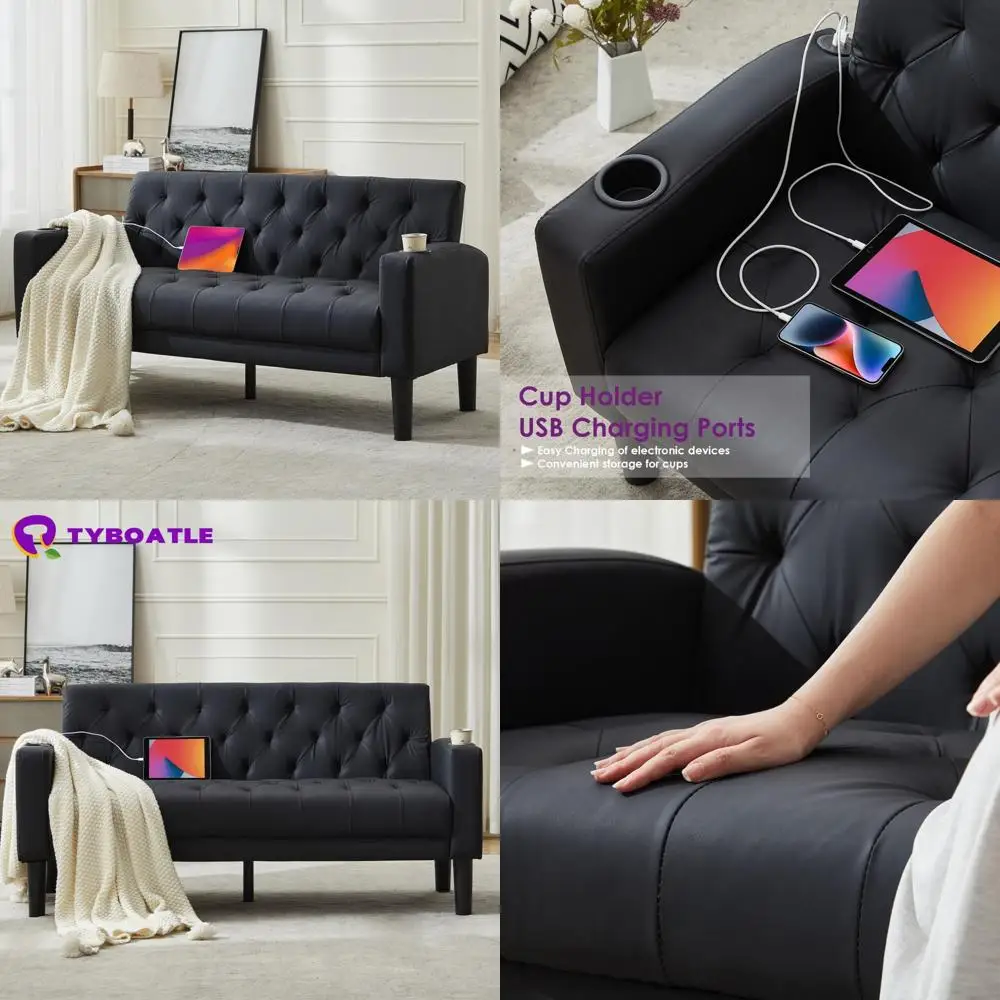 

Mid-Century Modern Black Leather Loveseat Sofa with USB Chargers and Cupholders