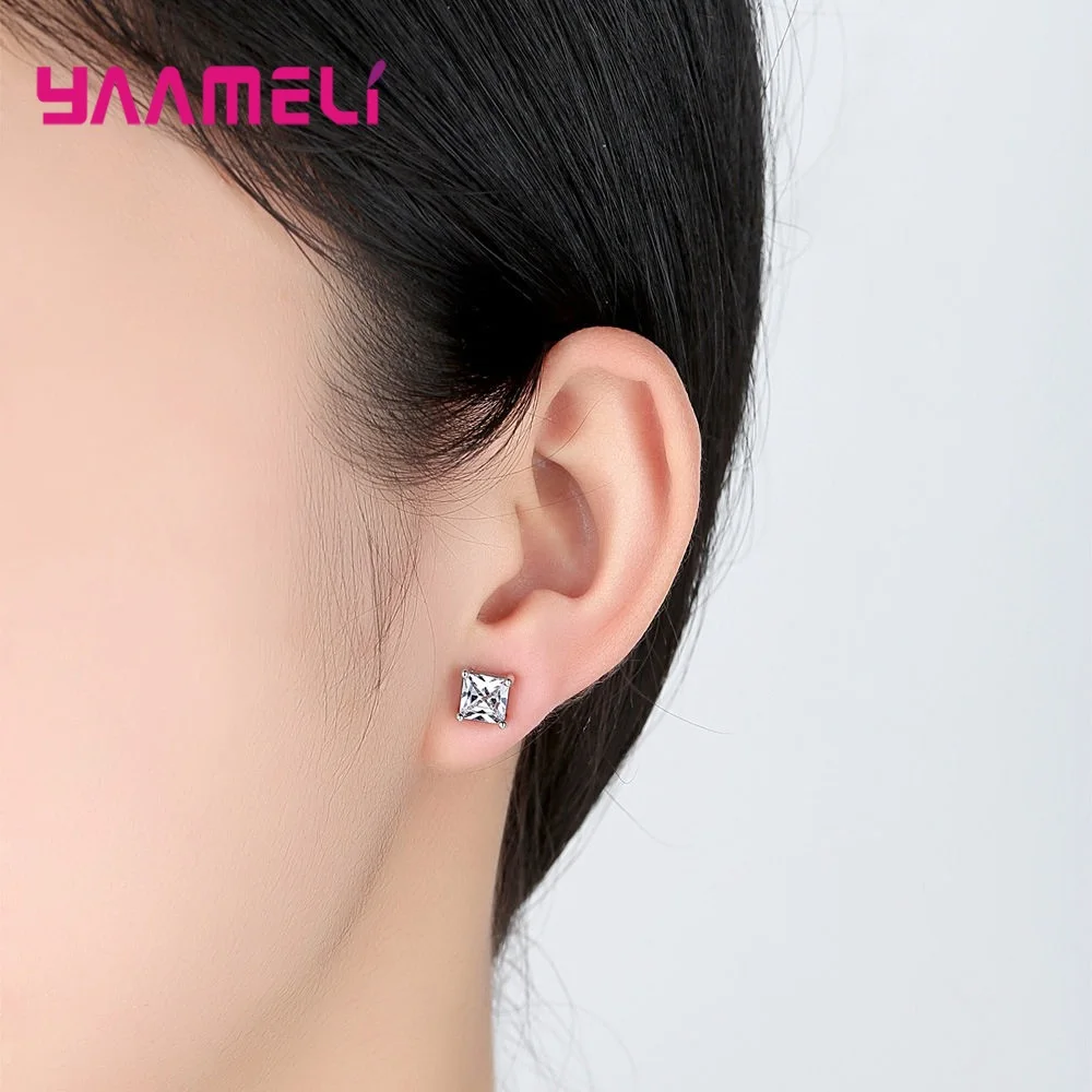 Classic 925 Sterling Silver 4 Claws Crystal Cubic Zircon Stud Earrings for Women Girls Anniversary Fashion Party Jewelry Gifts