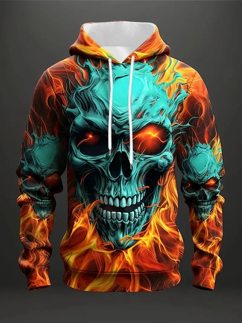Horror Demon Flame Skull 3D Print Adult Pullover Personality  Unique American Street Men's Trendy