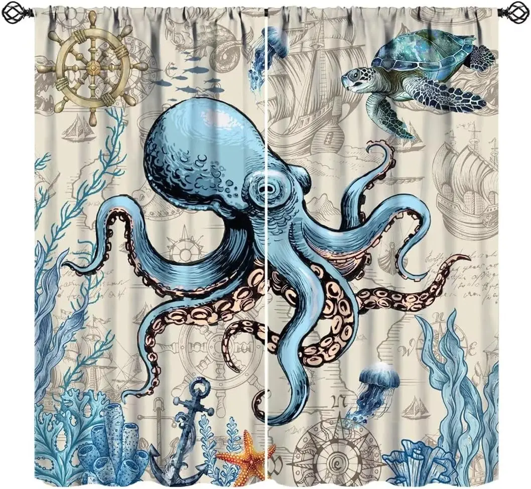 Nautical Octopus Curtains, Ocean Sea Turtle Jellyfish Beach Coastal Blue Fish Starfish Coral Seaweed Print Window Curtains for