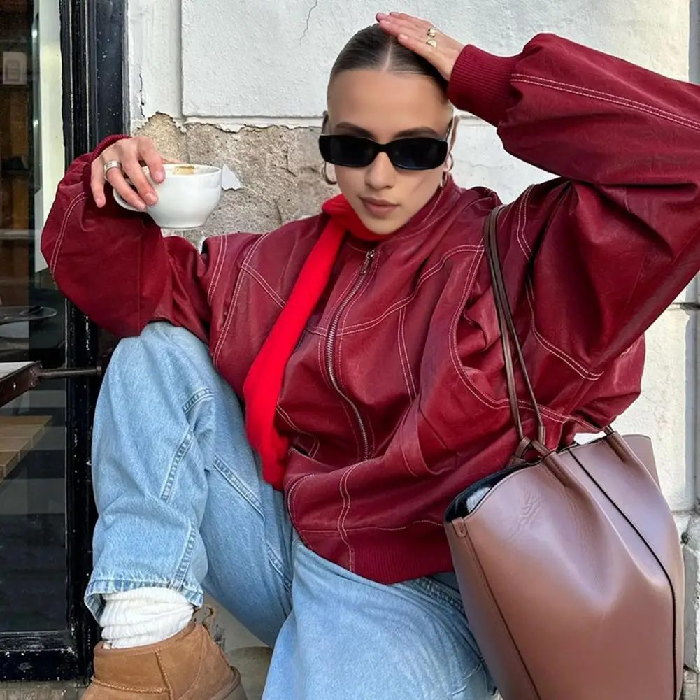 Faux Leather Jacket Retro Faux Leather Coat Lady Retro Faux Leather Motorcycle Jacket Turn-down Collar Outdoor Travel Coat