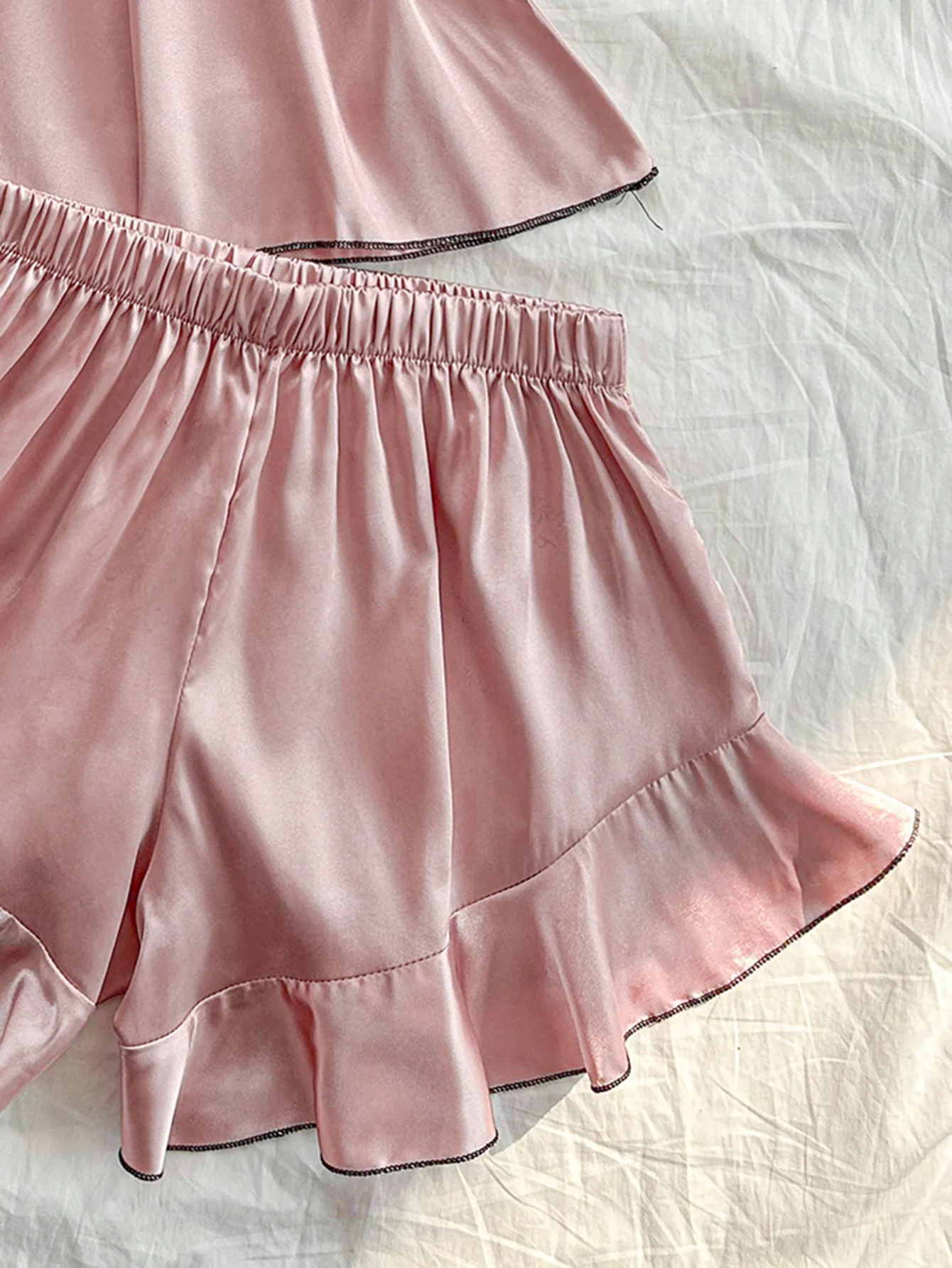 New Women Pajama Set Summer Cami Top with Ruffle Shorts 2 Piece Sleepwear Elegant and Simple Black Bow Trim Nightwear view 3