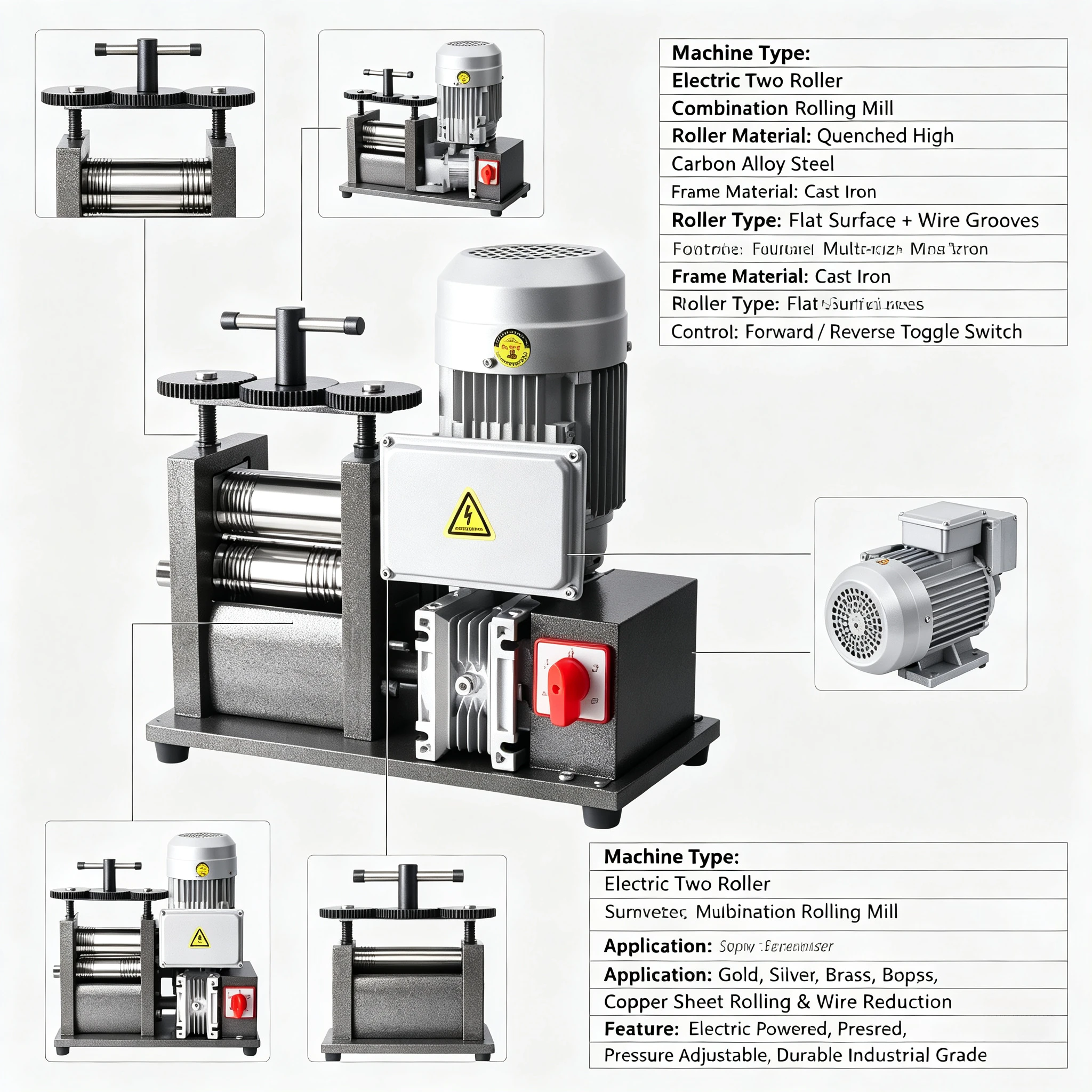 370W 750W Electric Metal Rolling Mill Jewelry Wire Sheet Press Machine For Gold Silver Square Round Half Round Bar Forming