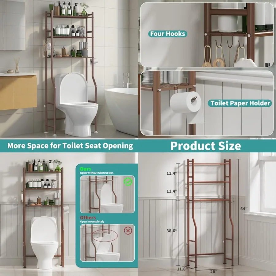 

3-Tier Over The Toilet Storage Organizer, Space-Saving Bathroom Rack with Paper Holder and 4 Hooks, 64" Tall Freestanding Carbo