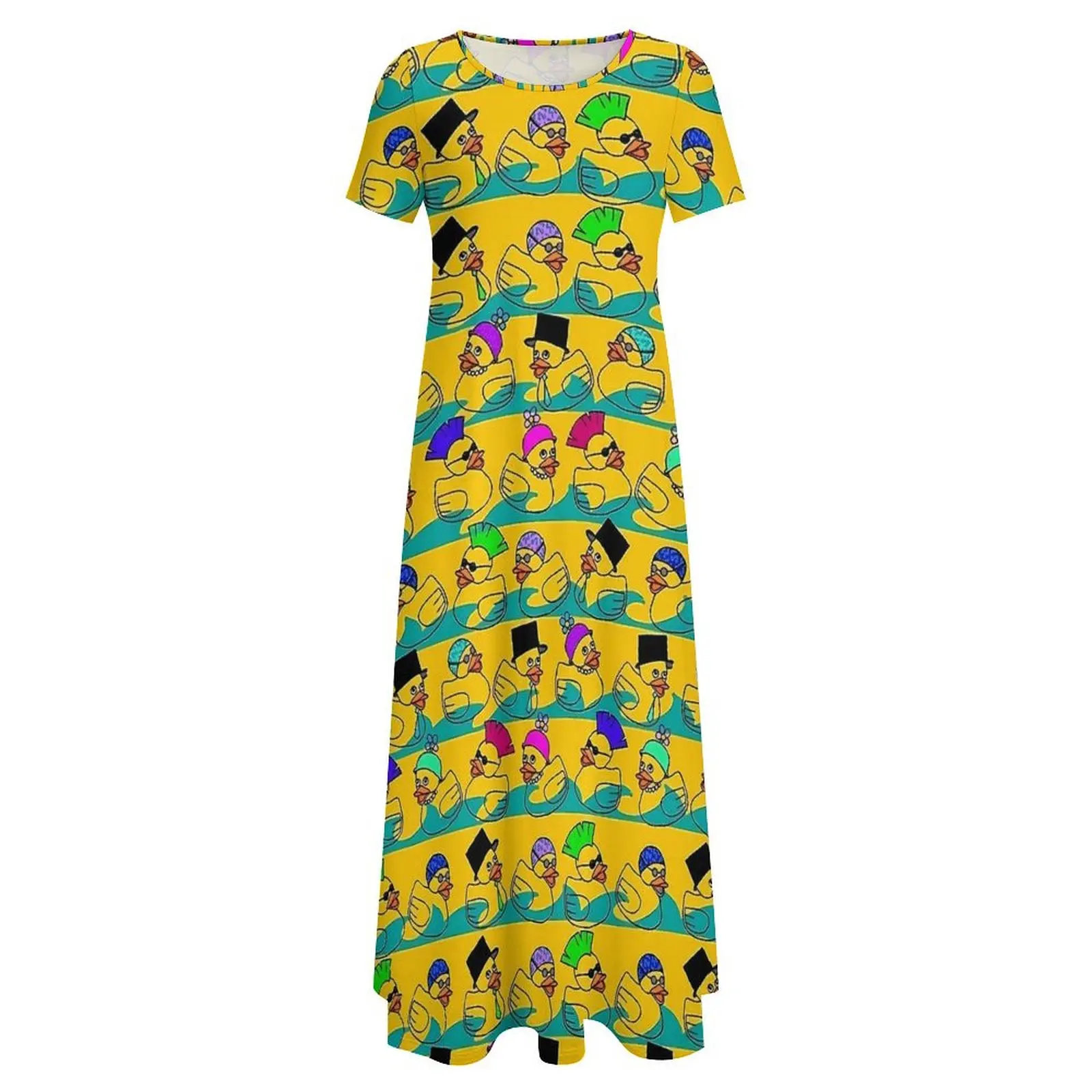 재미있는 고무 오리 프린트 원피스, 트렌디 맥시 원피스 스트리트 스타일, 보헤미아 롱 드레스, 여성 반팔, 오버사이즈 베스티도