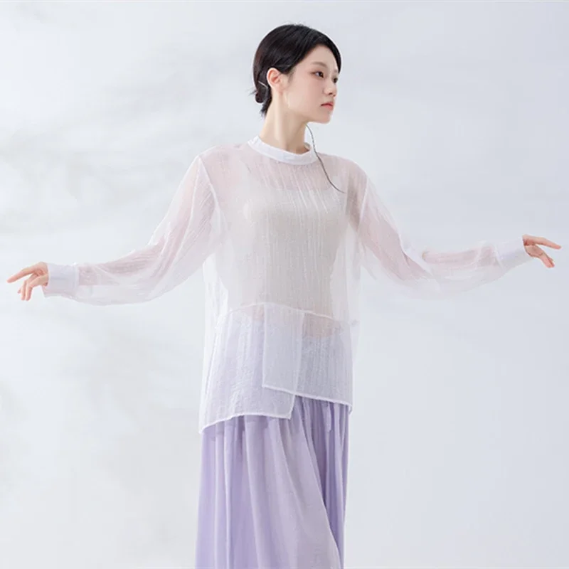 Classical Dance Top Women Sheer Long Sleeve Shirt Mock Neck Irregular Hem Tulle Smock Practice Clothes Yoga Performance Blouse