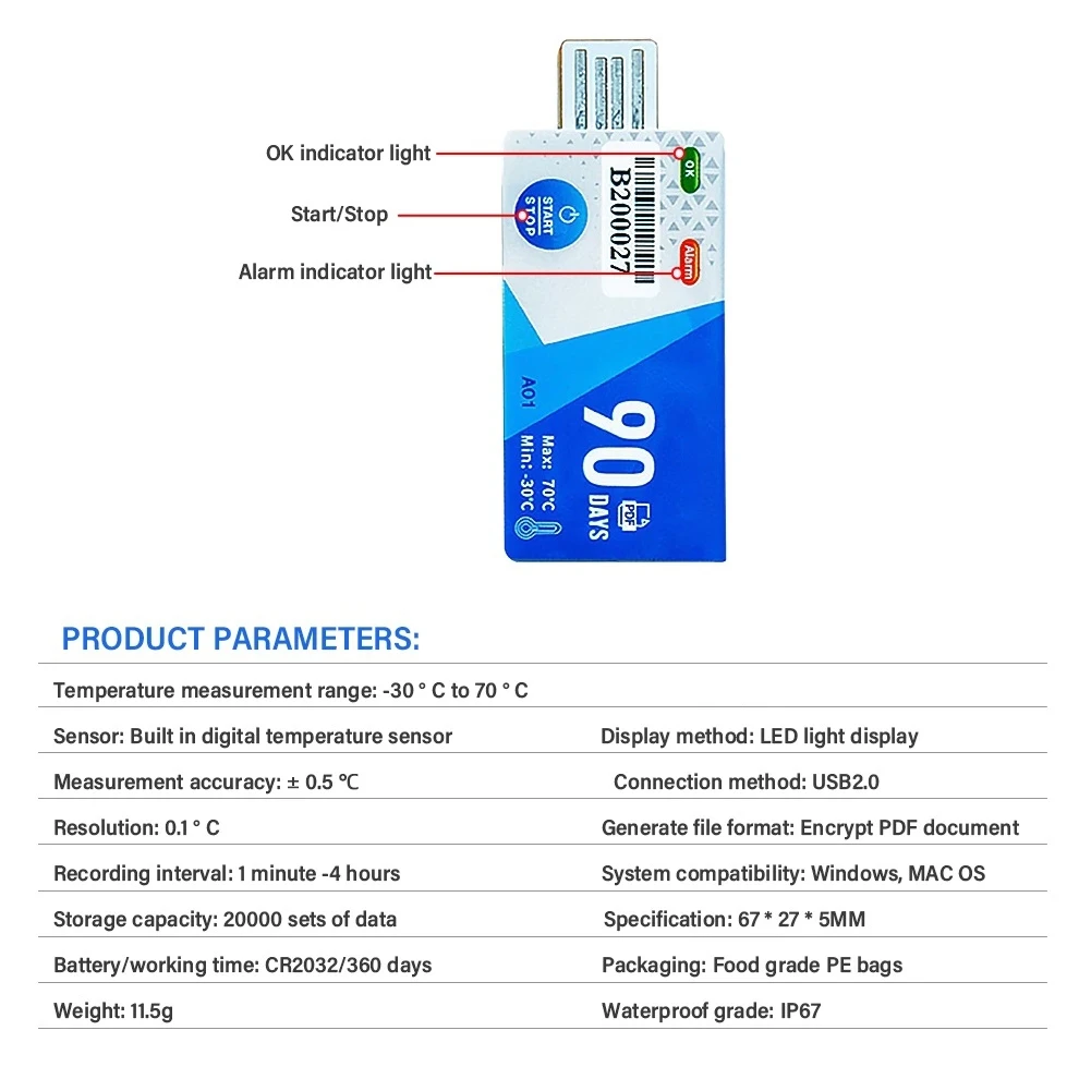 90 Days USB Interface Temperature Logger Data Logger For Warehouse Storage Refrigerated Transport