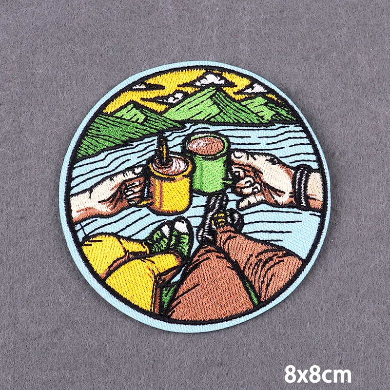 Adventure Cheer Iron On Patches For Clothes Drifting Bottle Embroidery Patches On Clothes Camping Applique Sun-set Sticker Badge