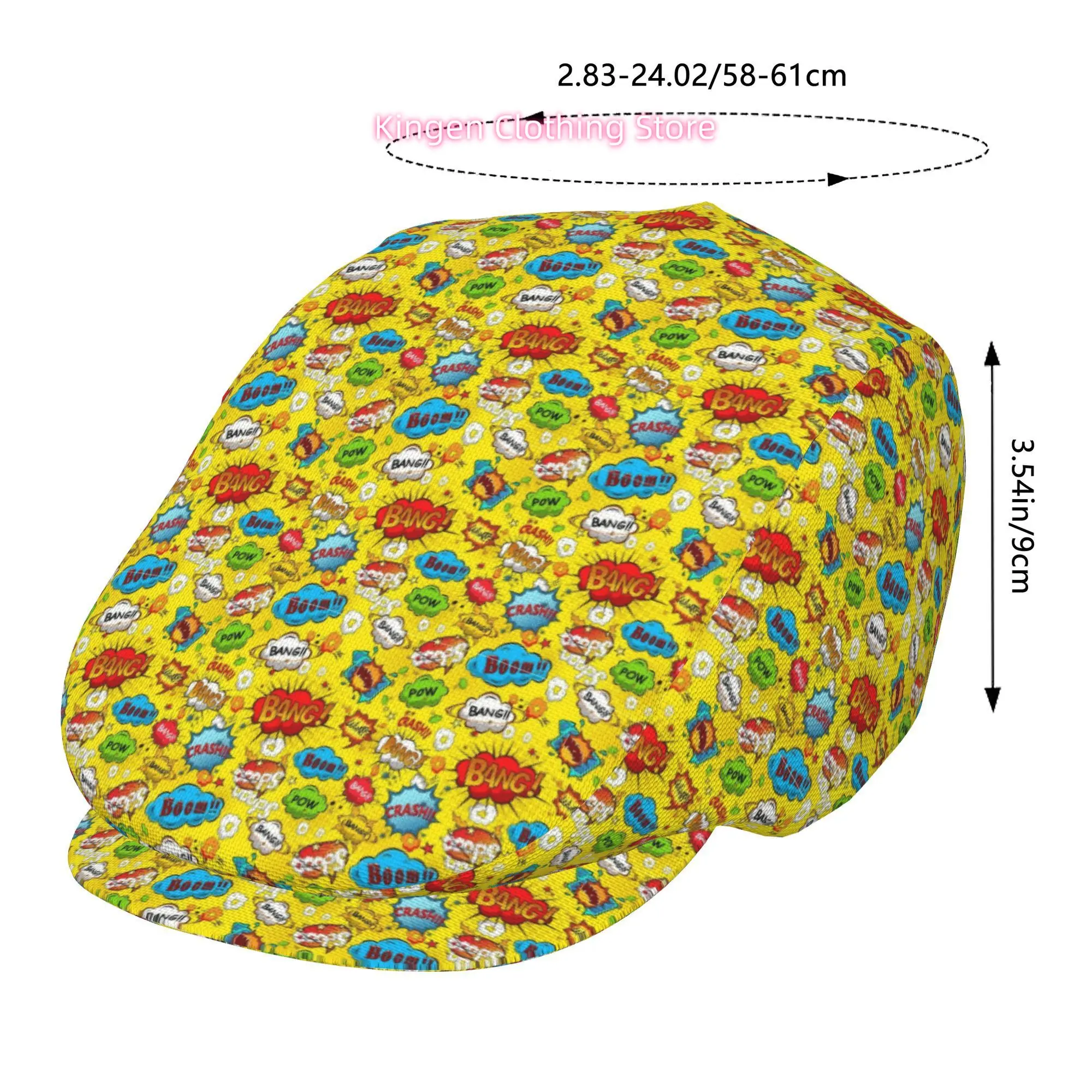 1pc Comic Explosion BANG!POW!Yellow All-over printed beret, retro newsboy cap, unisex, a must-have fashion accessory for outdoor