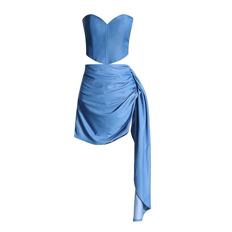 Fashion Casual Two Piece Set For Women Straplesssleeveless Vest High Waist Spliced Shirring Skirt Sets Female Spring Summer New