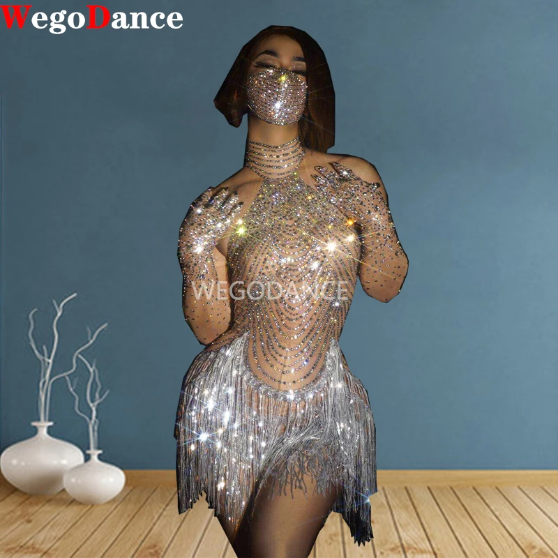 Stock Sparkly Rhinestone Fringe Transparent Bodysuit for Women Dancer Show Leotard Celebrate Outfit Prom Bar Birthday Costumes