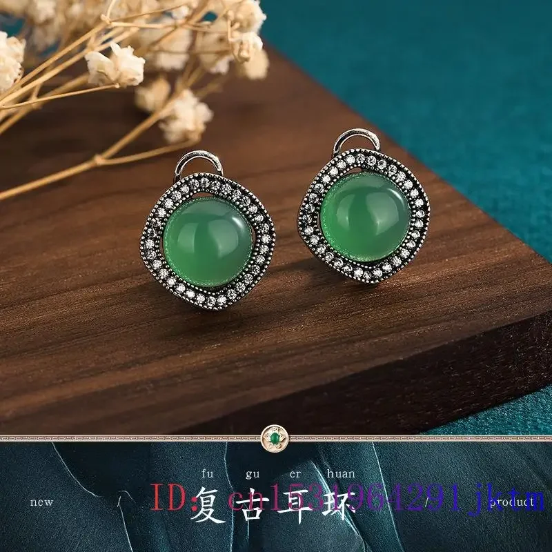 Brincos de jade verde acessórios chineses jóias reais jadeite charme natural 925 prata encantos amuleto vintage esculpido mulher luxo