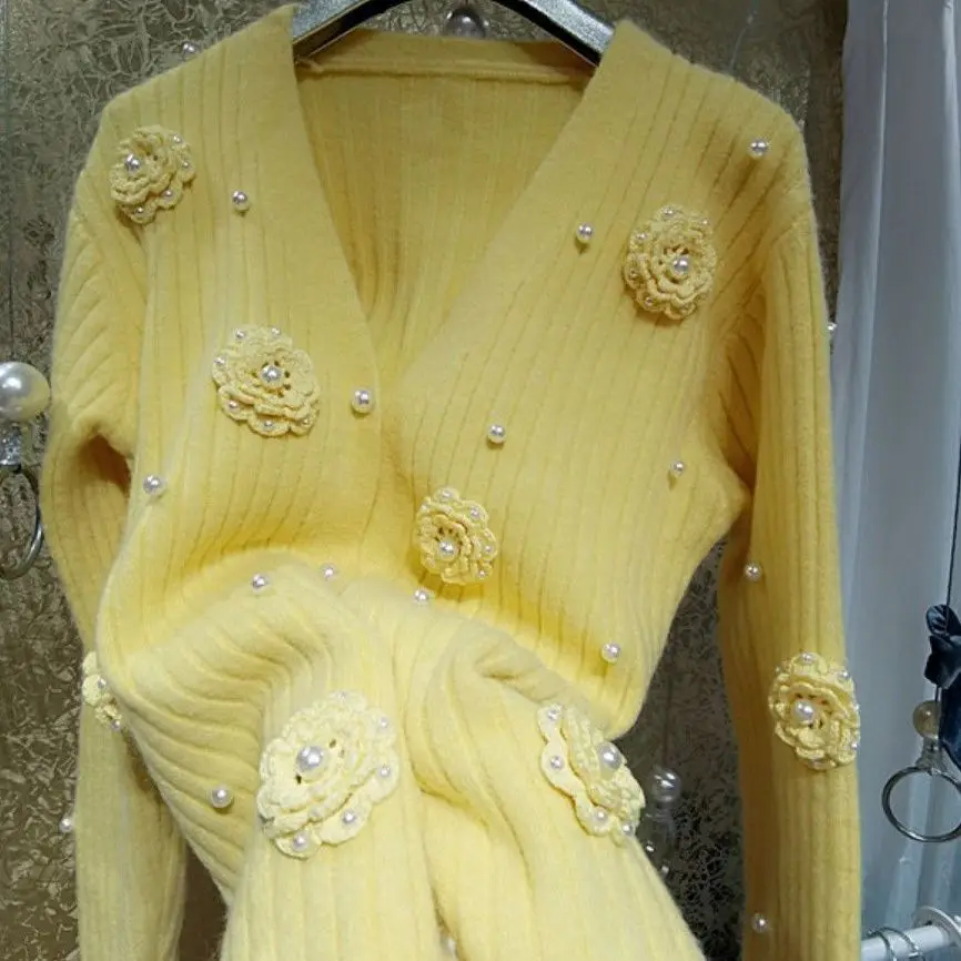 Hooked 3D Flowers Pearls Beaded Yellow Sweater Coat Fairy Floral Crocheted Knitted Cardigan Elastic Knitwear V-Neck Jumpers Tops