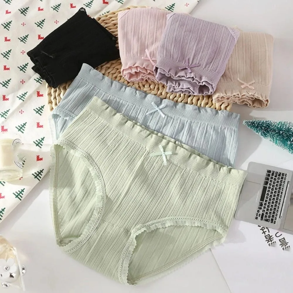 

4Pcs Breathable Mid Waist Lace Bowknot Panties Cotton Crotch Underpants Seamless Briefs Lingerie Thin Underwear for Women Lady