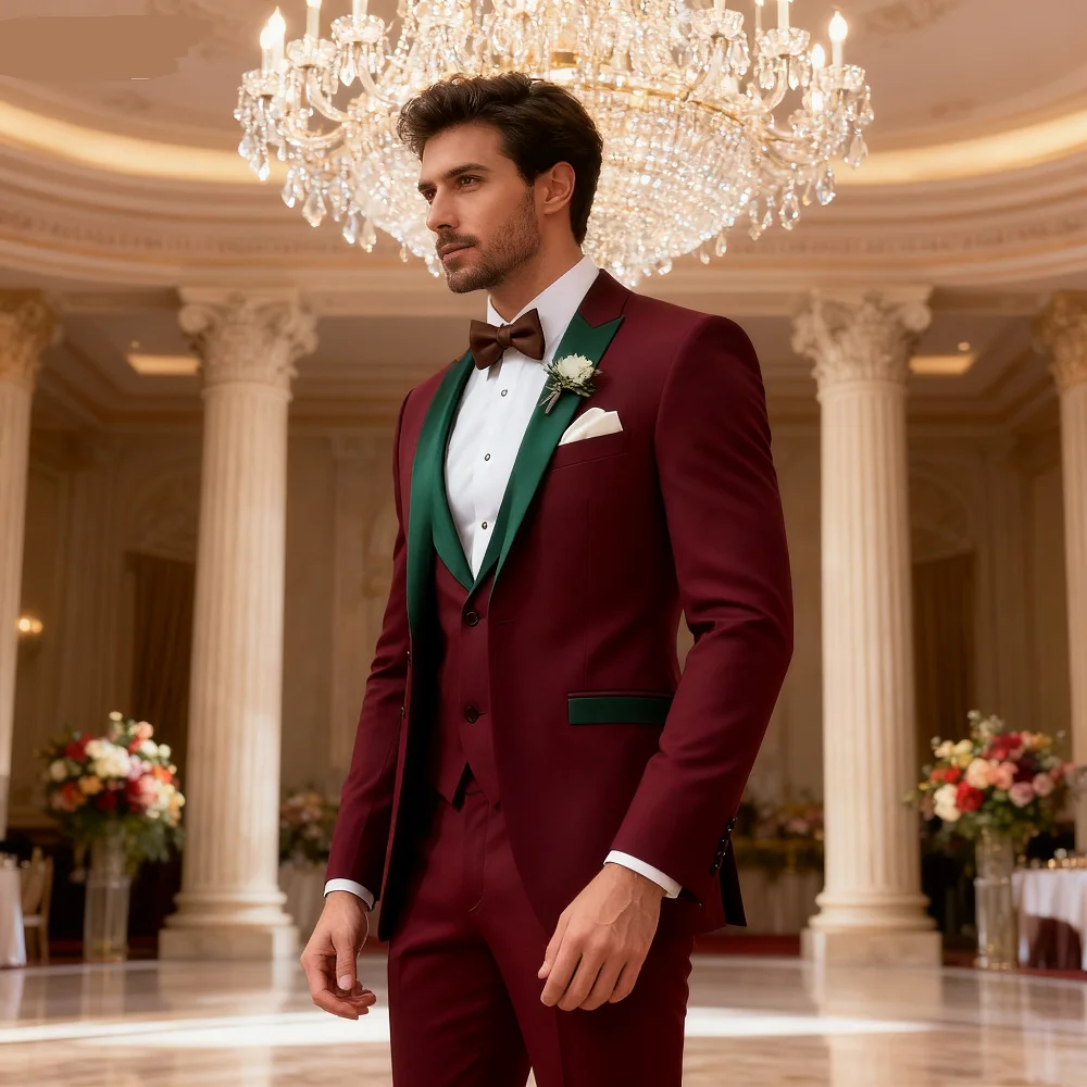 Men's Classic Suit 3-Piece Peak Lapel Blazer Vest Pant Slim Fit Elegant Matching Men's Formal Wear Ensemble