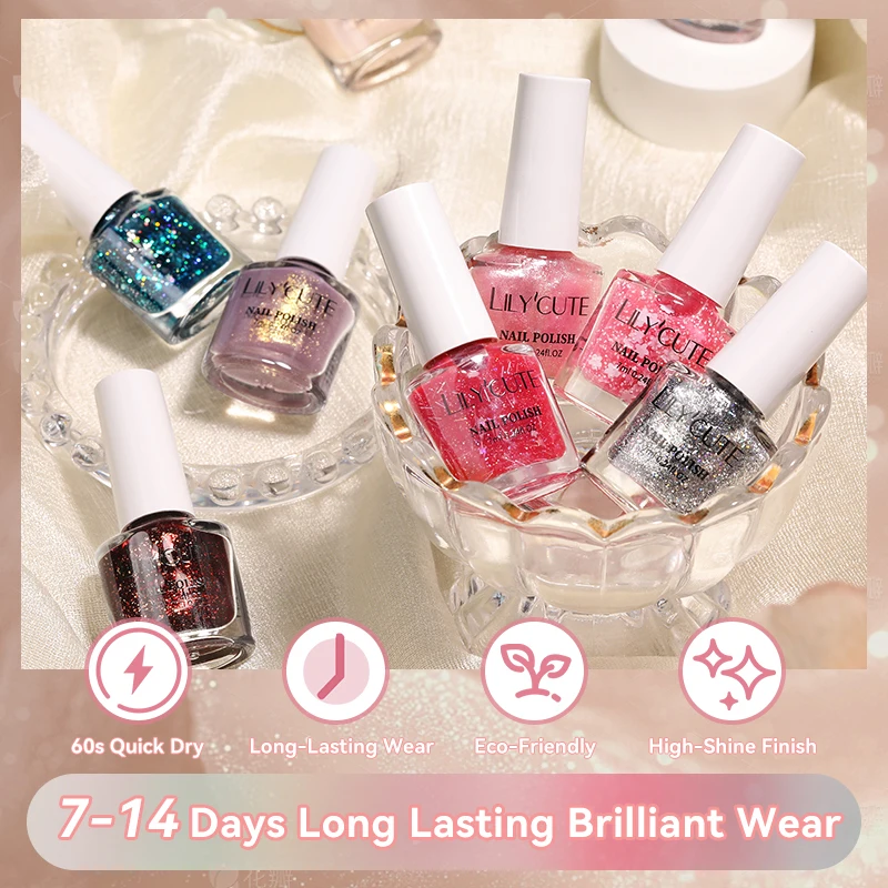 طلاء أظافر لامع مائي 7 مل من LILYCUTE يدوم طويلاً، سريع الجفاف، لا حاجة إلى مصباح لعلاج مستلزمات الأظافر لتقليم الأظافر
