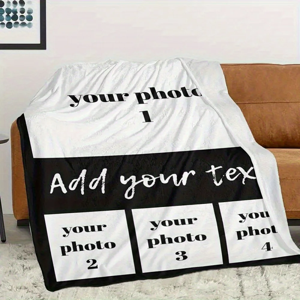 1pc Custom Photo 4 Grid Blanket, Personalized Text Photo Printed, Suitable for All Seasons, Birthday, New Year, Valentine's Day