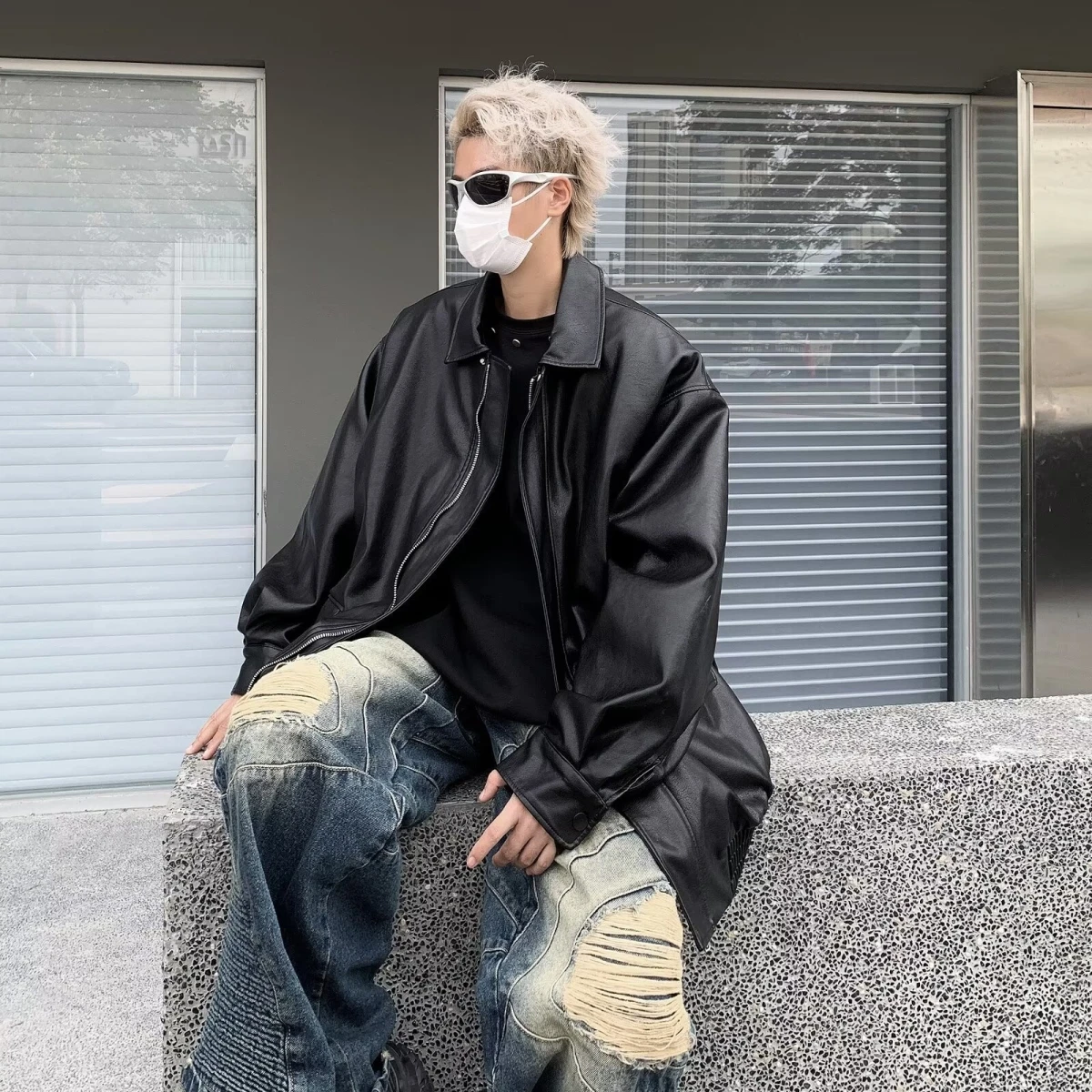 

Loose Men's Biker Leather Jaet Street Sle Trendy Pilot PU Coat Casual Faionable Spring Autumn Season Polyester Fiber