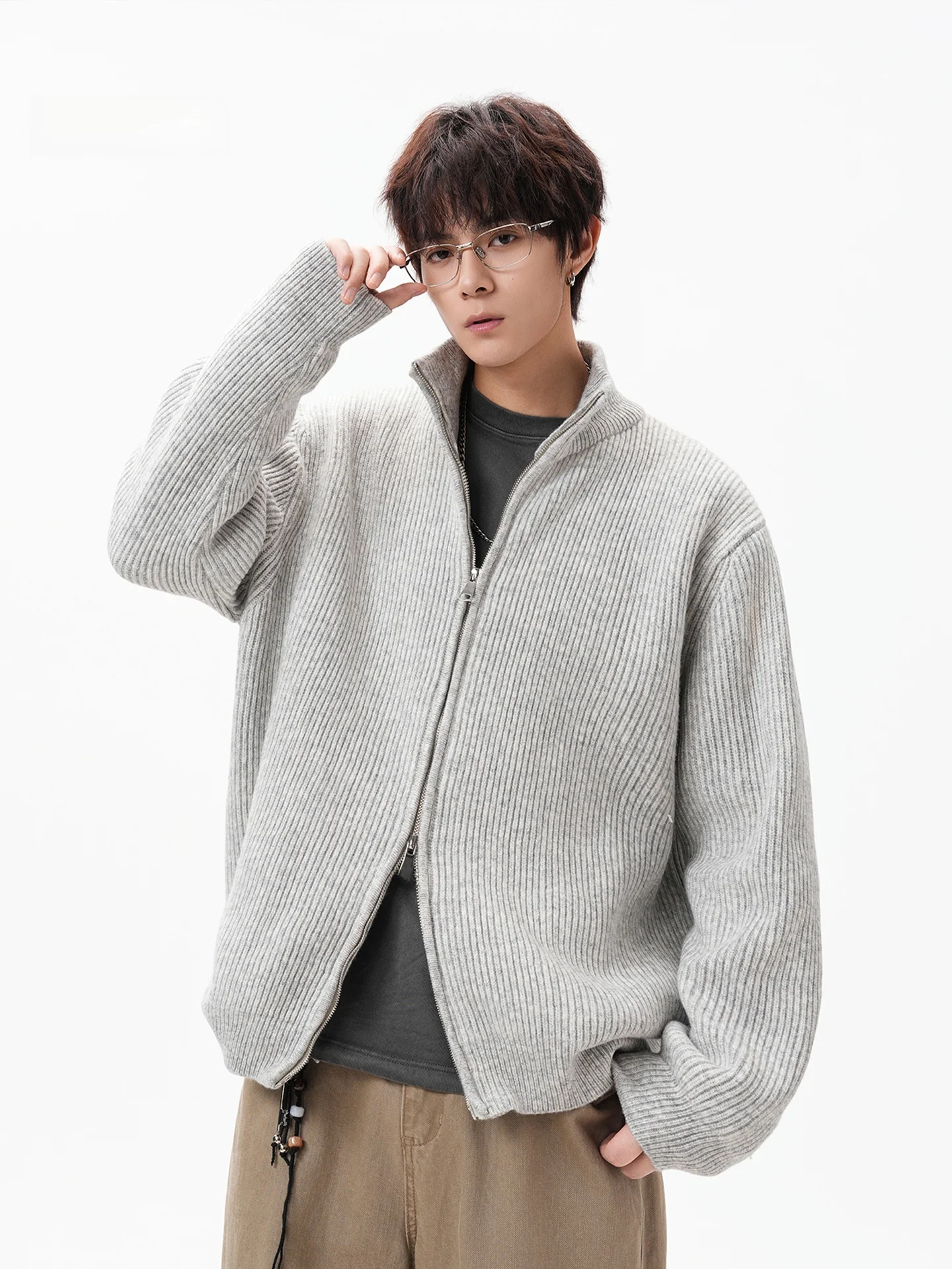 

Мужской утепленный вязаный кардиган на осень-зиму с высоким воротником, на двойной молнии, из мягкого полиэстера, повседневный