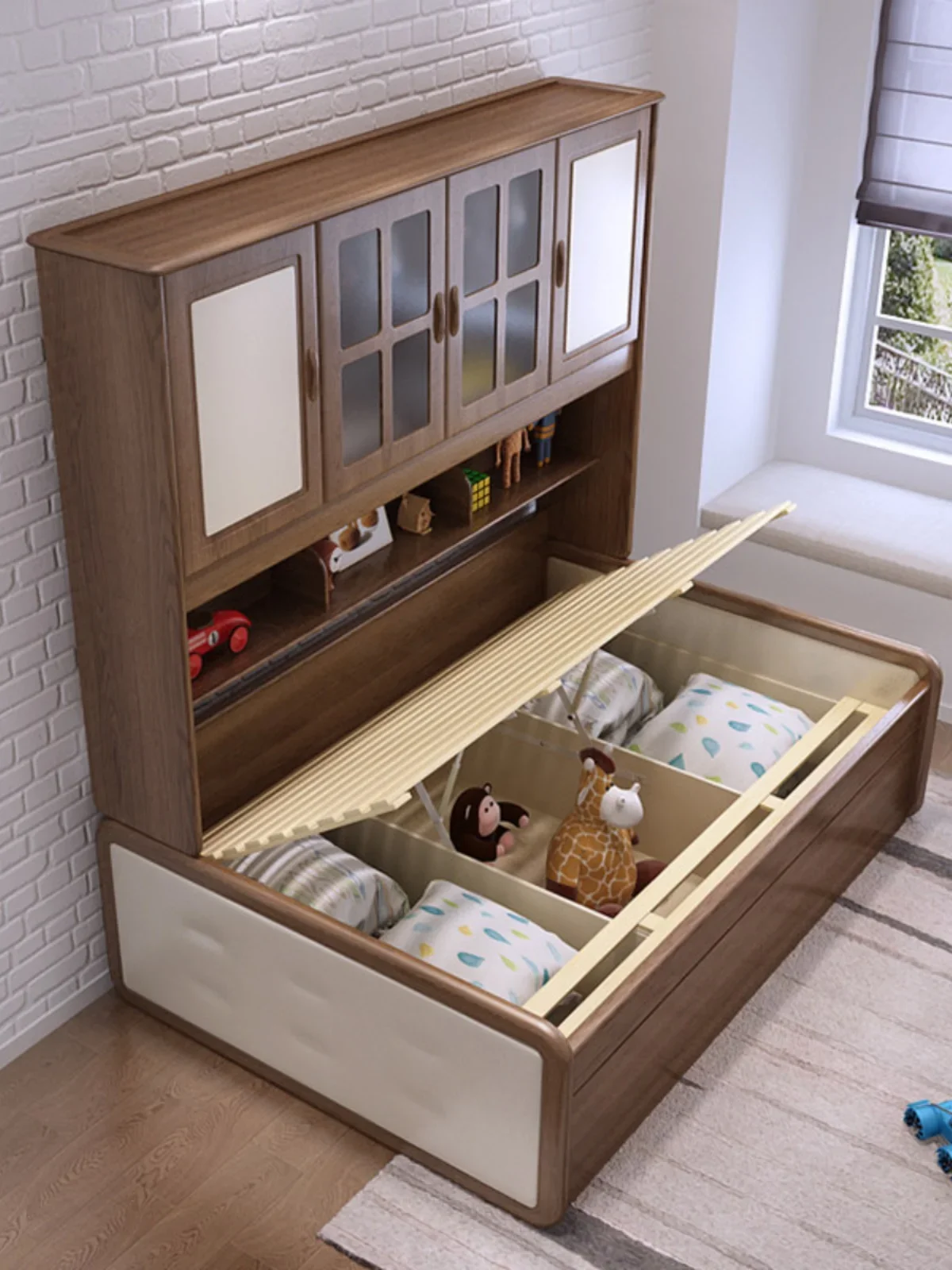 Nordic modern wardrobe bed integrated solid wood storage multifunctional with drag bed high box mother bed