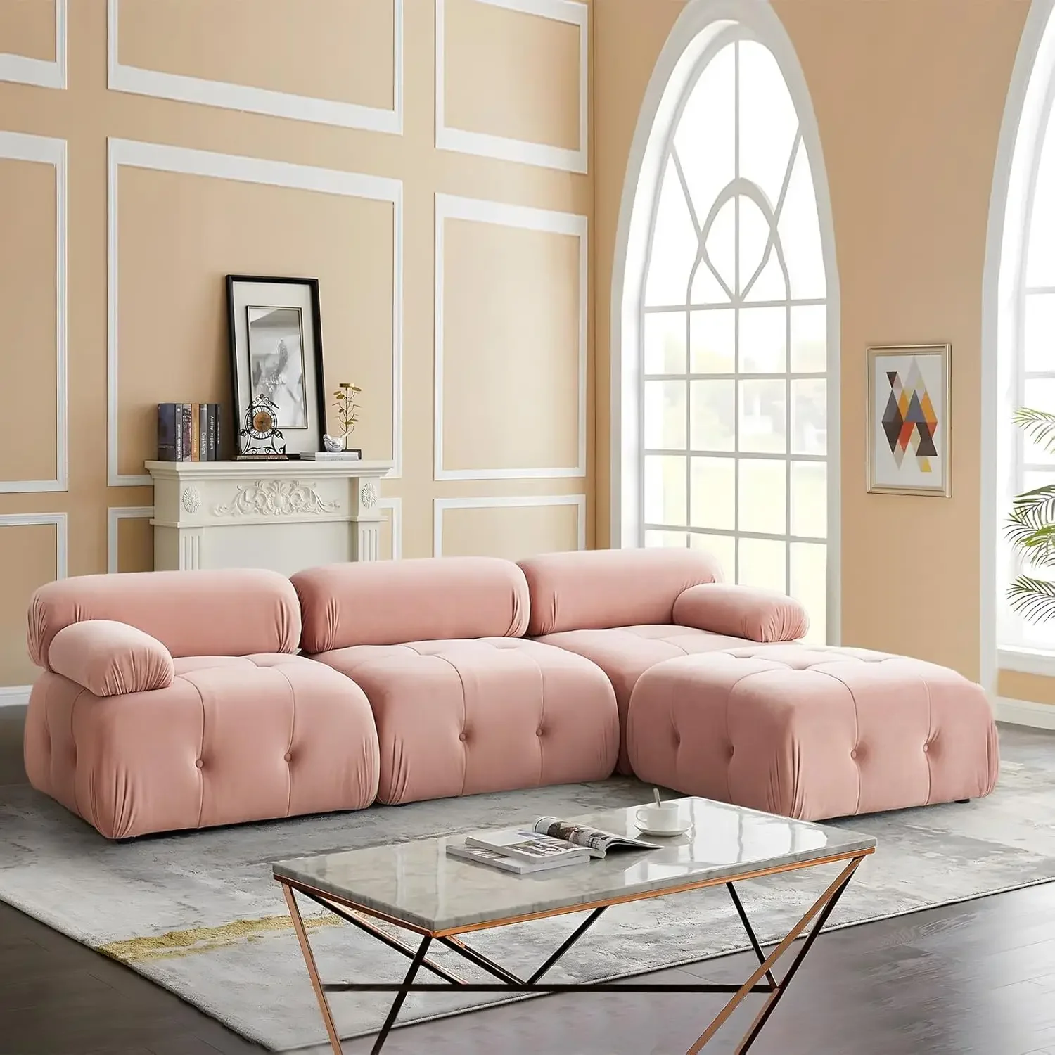 Convertible Sectional Sofa Couch, Modern Velvet L-Shaped 3-Seater Sofa Couch Set with Movable Ottoman