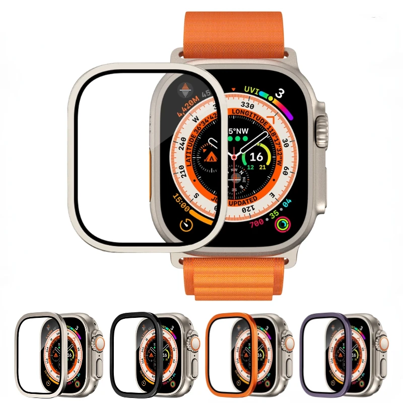 

Aluminum Alloy Metal Case for Apple Watch Ultra 49mm Screen Scratch-proof Protective Cover Frame+HD Tempered Glass Film Shell