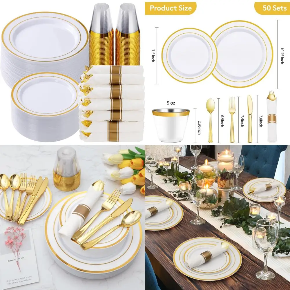 

Набор золотой пластиковой посуды для 50 гостей — необычные одноразовые тарелки для вечеринок, в комплект входит 50 обеденных тарелок, 50 десертных тарелок,