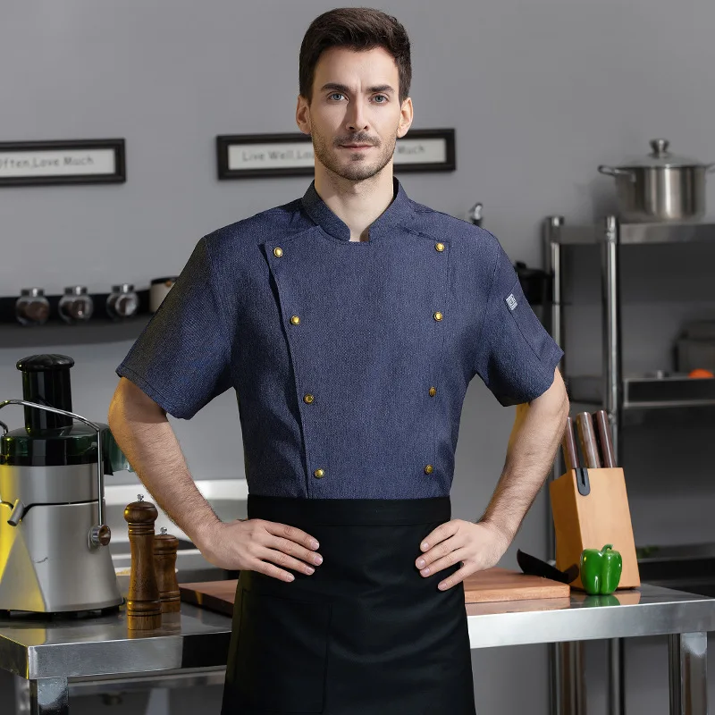 Uniforme da chef per chef di hotel di fascia alta, doppia fila, fibbia in ottone, manica corta, ristorante, chef esecutivo, vestiti da cucina, uniforme da uomo