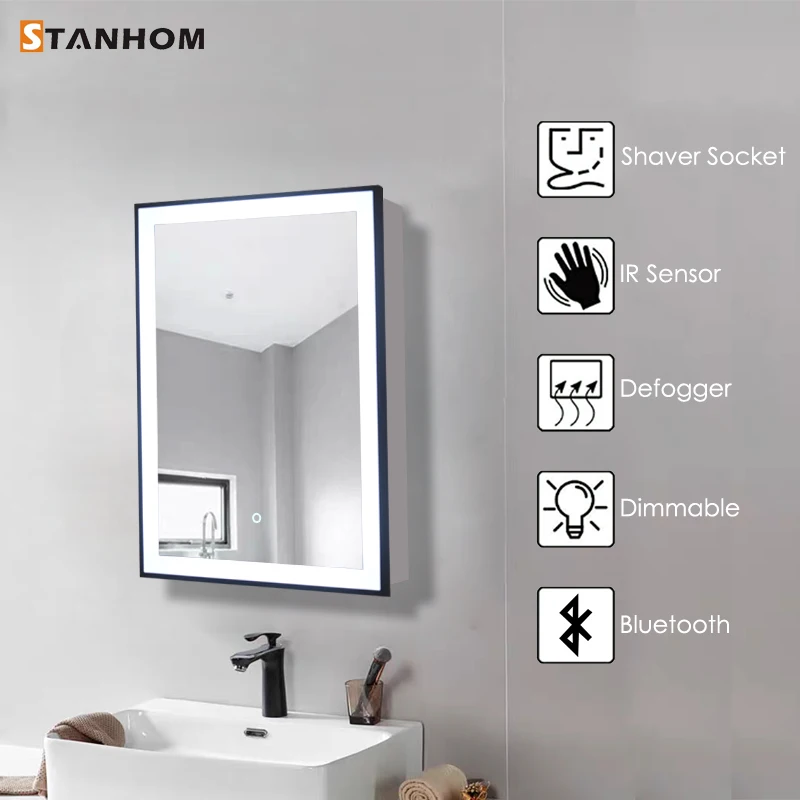CE UKCA RoHS Modern Bathroom Vanity LED Mirror Cabinet Aluminum Framed Wall Mounted Lighted Mirror Medicine Cabinet view 6