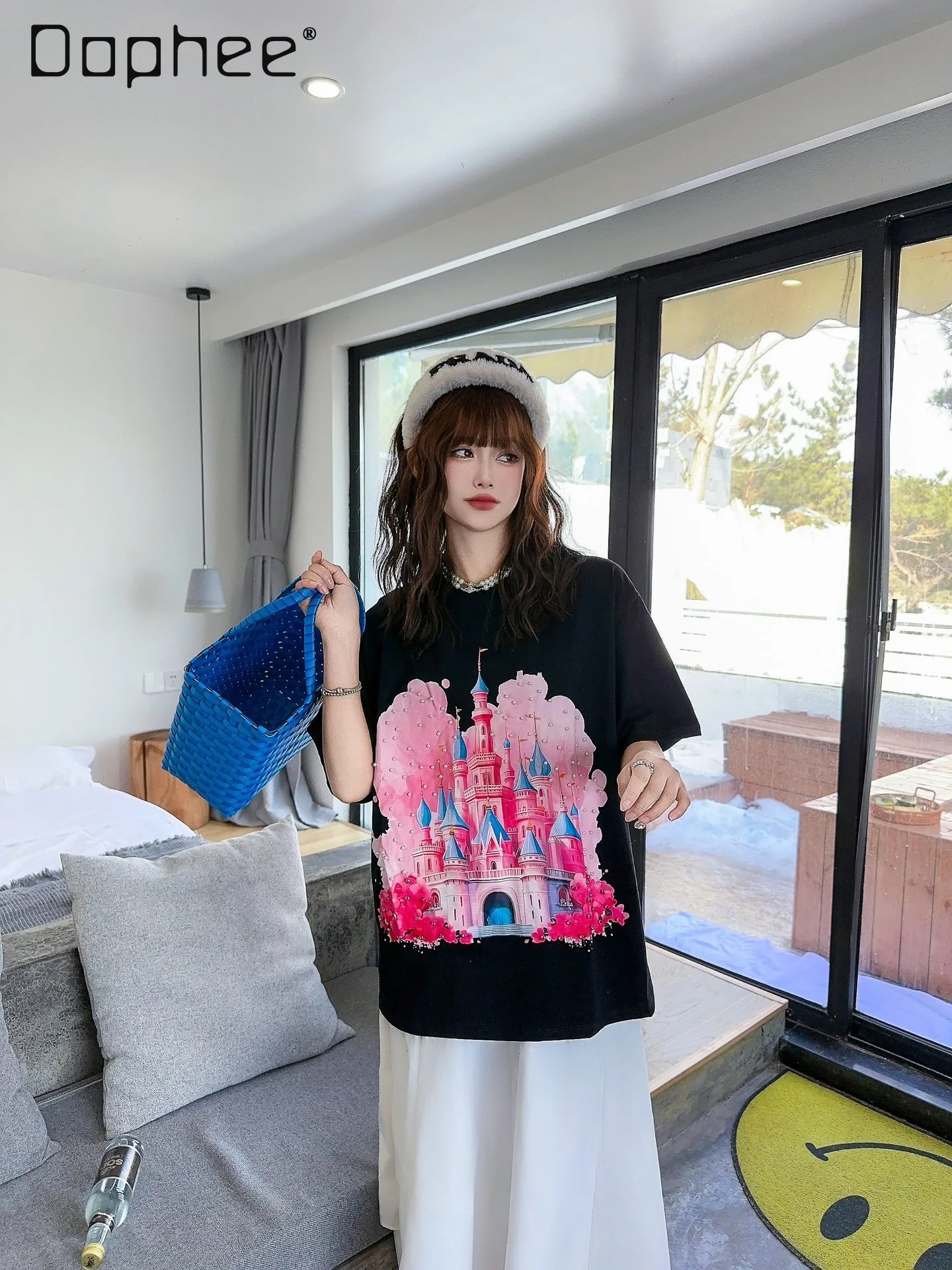 

Korean Style Sweet Beaded Round Neck Cotton Top 2024 Spring Summer Pattern Print Loose Temperament Short Sleeve T-shirt Women