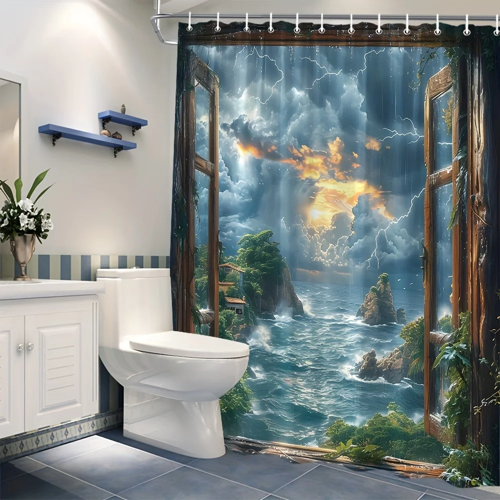 Dramatic Stormy Ocean View Shower Curtain Waterproof Bathroom Decor Tropical Landscape Art Print