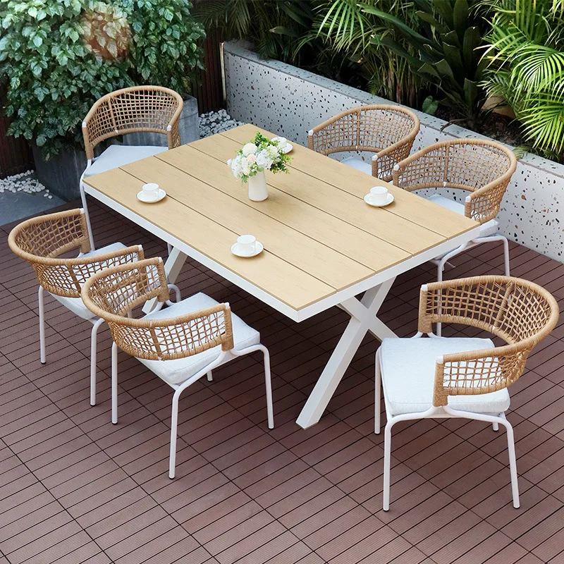 Rock slab dining table and chair combination outdoor garden plastic wood table open-air balcony leisure rattan chair