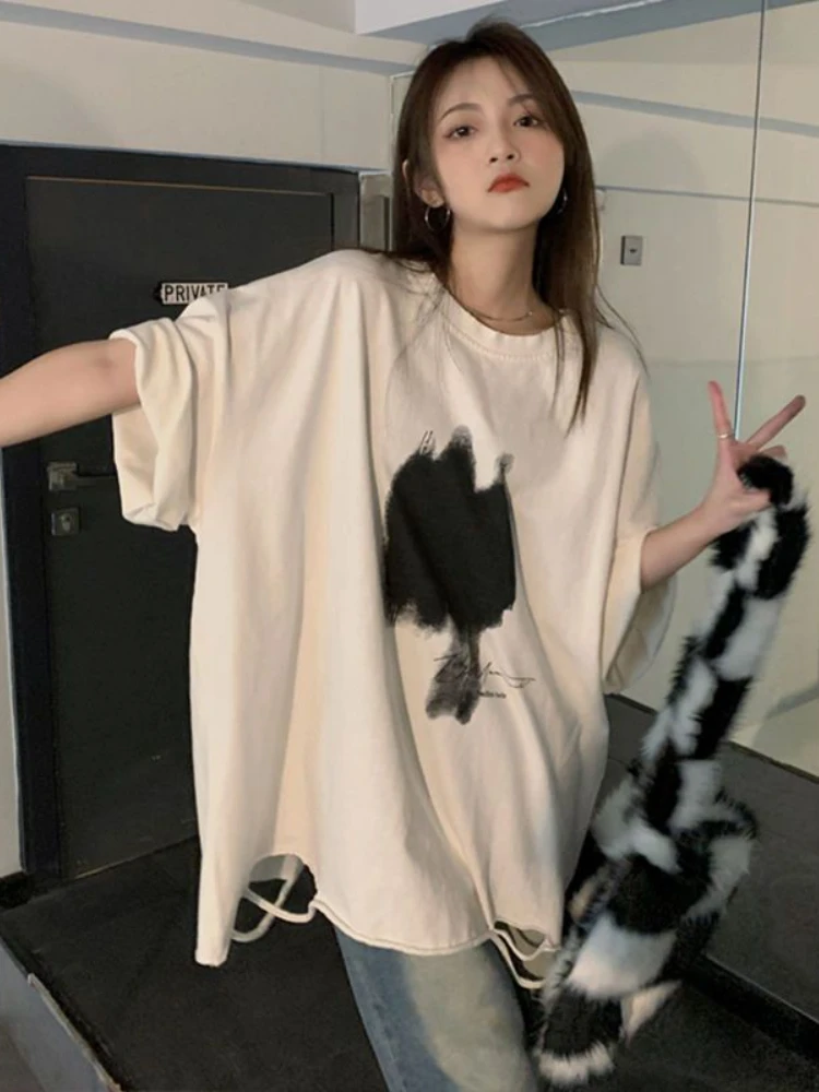 L-4XL Ripped T-shirts Women Simple Printed Design Baggy Summer Long Tops Fashion College Ulzzang Streetwear Leisure Basics Ins