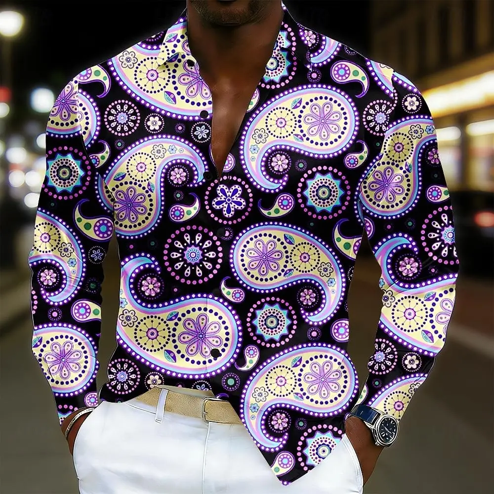 Men Long‑Sleeve Turn‑down Collar Shirt Retro Paisley Graphic Print Button‑Up Casual Top Holiday Party Outfit
