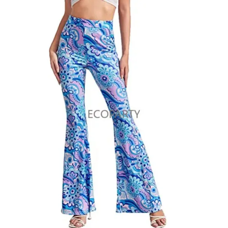 Women Bright Flower Power Pants Color Retro Hippy Flowers High Waist Modern Flare Trousers Summer Print Streetwear Pants