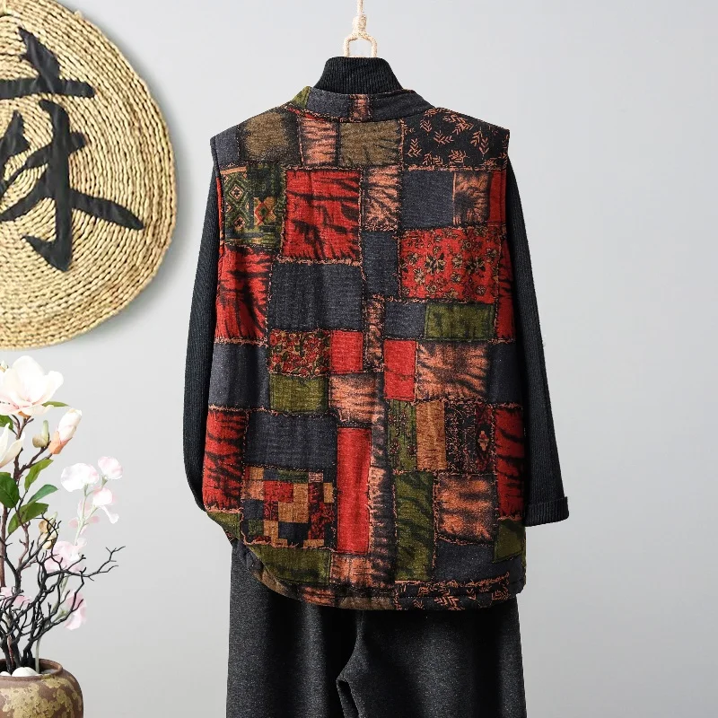 

Китайский круглый жилет из хлопка и льна Ne с пуговицами, женский жилет с растительным цветочным узором