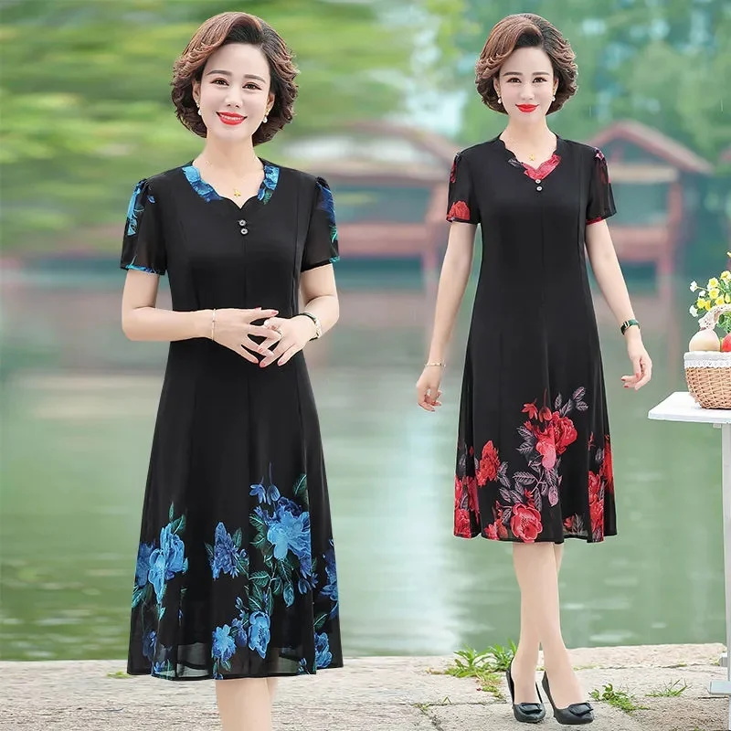 New Mother Printing Dress Summer Dress Female Middle Elderly Women Short-Sleeved Chiffon Temperament Mom Elegant Dresses