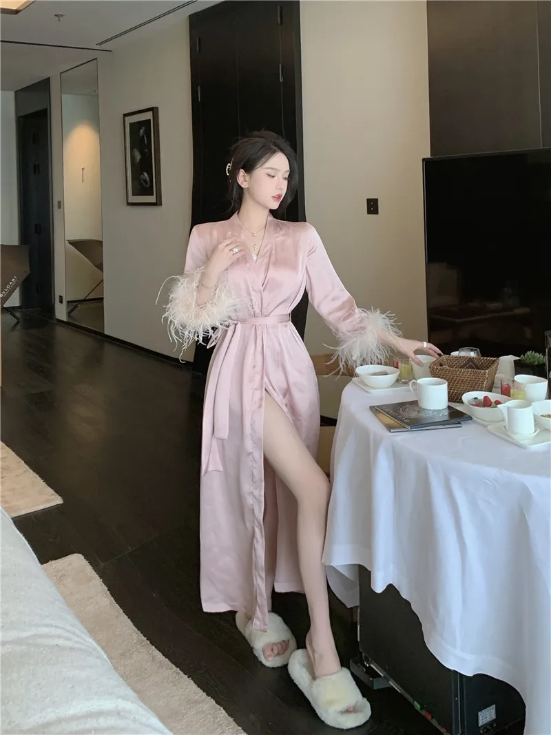 ReddaChic Pink Silk Ostrich Feather Trim Bath Robe Women Long Sleeves Bandage Midi Long Wedding Bride Bridesmaid Robe Pajama